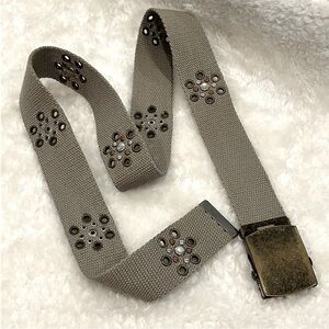 Gray Studded Canvas Belt with Bronze Buckle